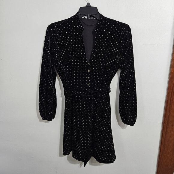 Zara Womens Long Sleeve Beaded Velvet Belted Golden Studded Mini Dress. Sz Small - Picture 2 of 8